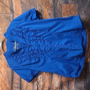 Cato Dark Blue Short Sleeve 3 Ruffle V Neck Button Up Dress Shirt